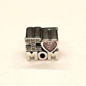Silver 'I Love Mom' Bracelet Charm with Pink Heart